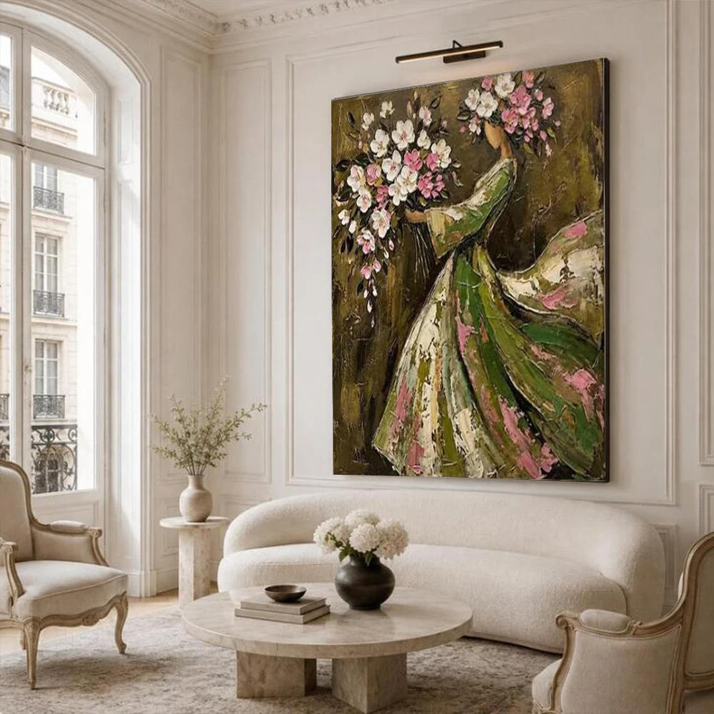 100% Handmade Abstract Oil Painting On Canvas Top Original Flower Picking Girl Wall Art Picture For Home Living Room Decor Image