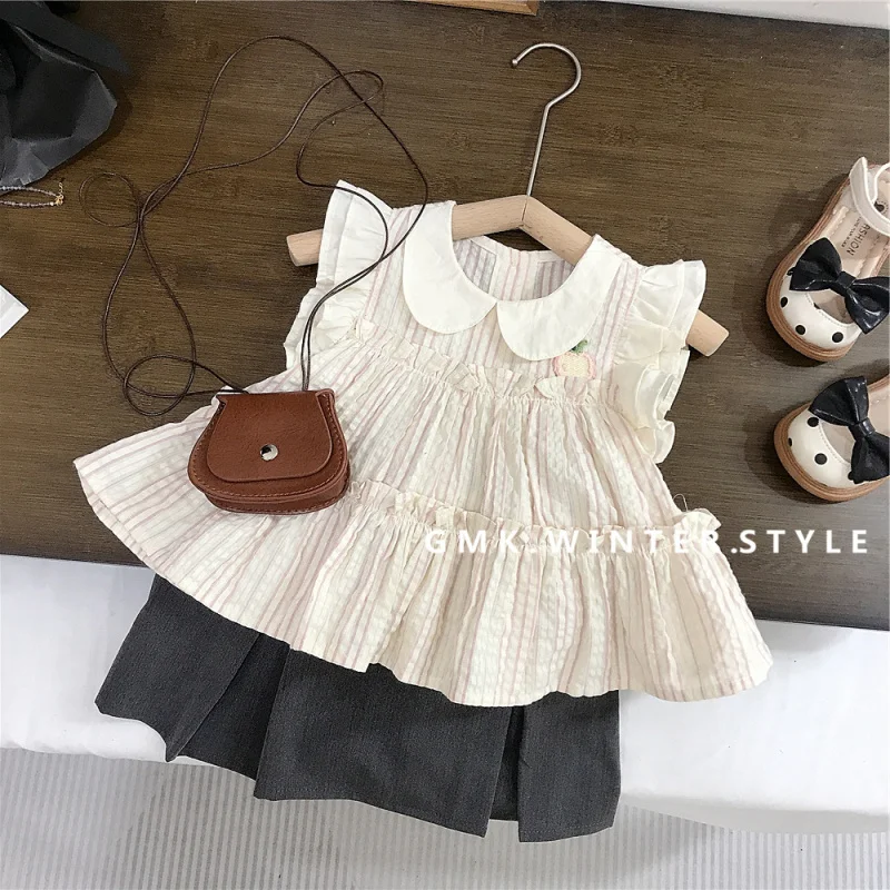 Girls' Summer Outfit Set Shirt and Skirt Two-Piece Set Small Flutter Sleeve Girls' Fashionable Outfit Internet Celebrity Trend