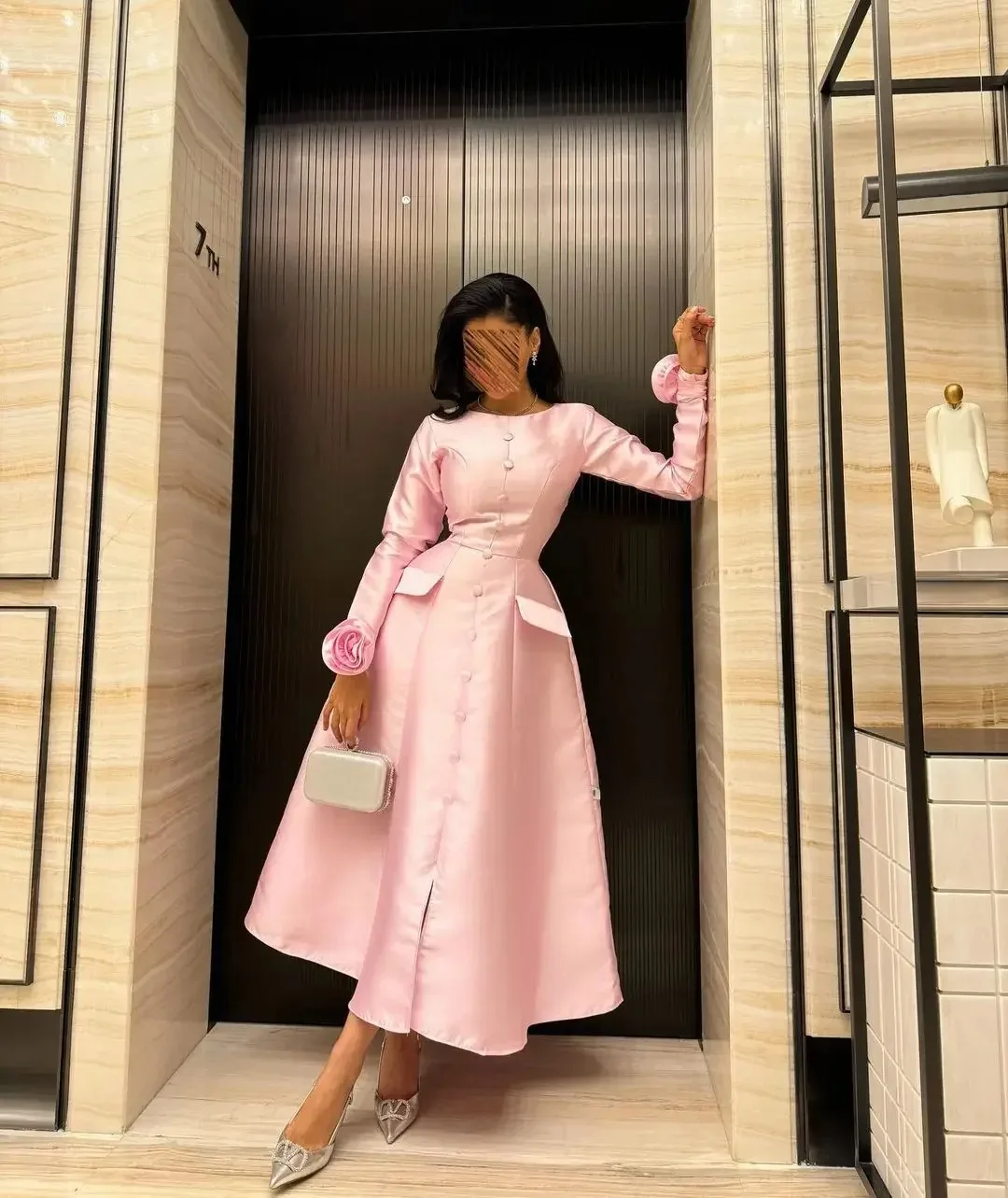 تخصيص المرأة السعودية طويلة الأكمام الوردي فساتين لحضور الحفلات الموسيقية مطوي الكاحل طول المرأة الرسمية فساتين السهرة فستان حفلات الزفاف