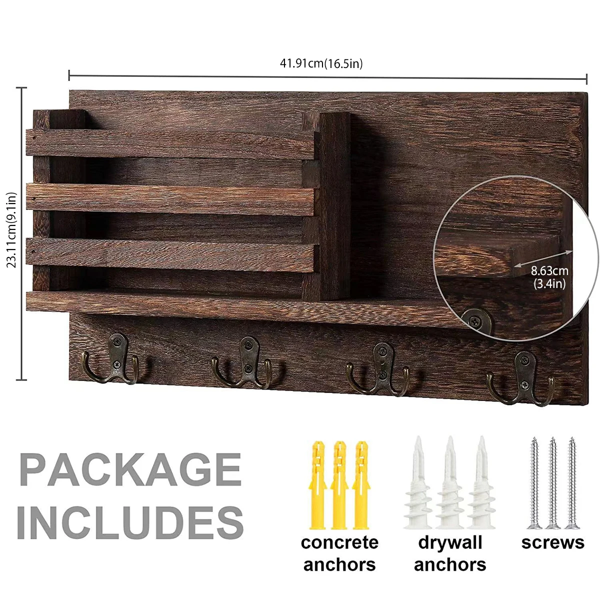 Wooden Key Holder For Wall with 4 Double Hooks Mail Organizer with Shelf Wall Hanging Storage Holder Home Decor For Entryway