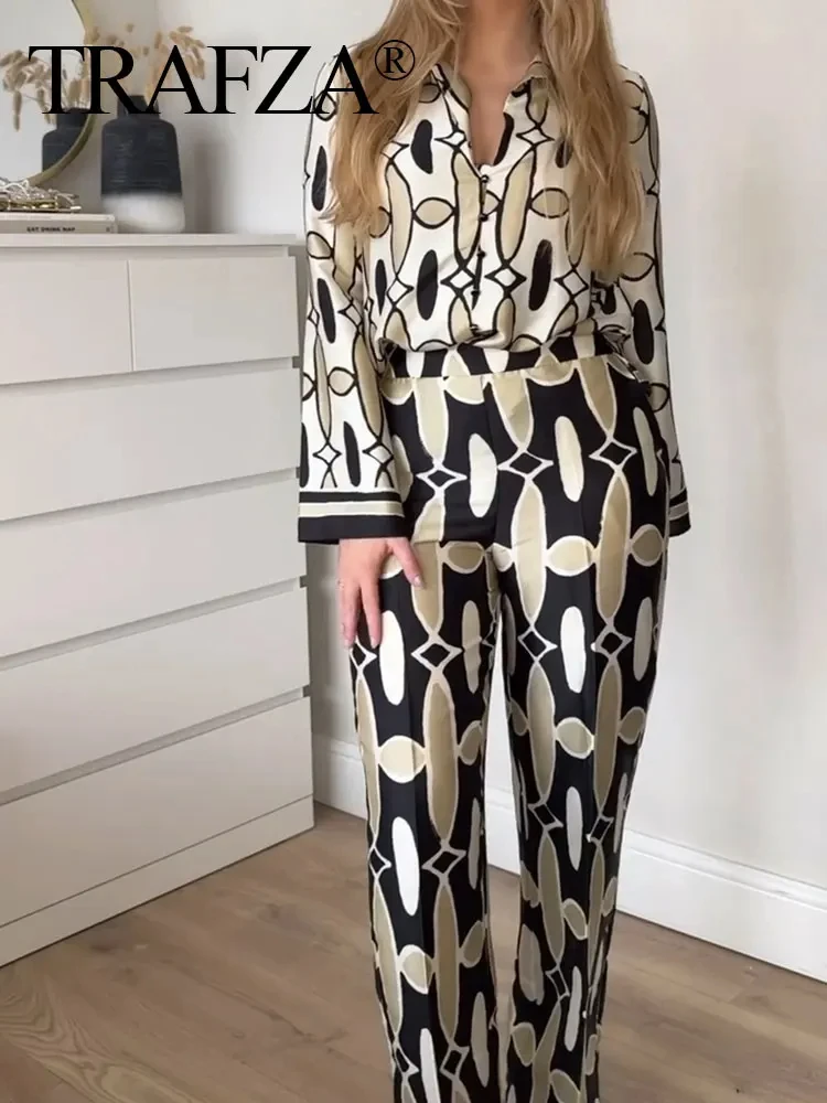 TRAFZA 2024 Summer Trendy Female Pant Suit Long Sleeves Lapel Blouse+Side Zipper Wide Leg Pants Vintage Geometric Print Chic Set