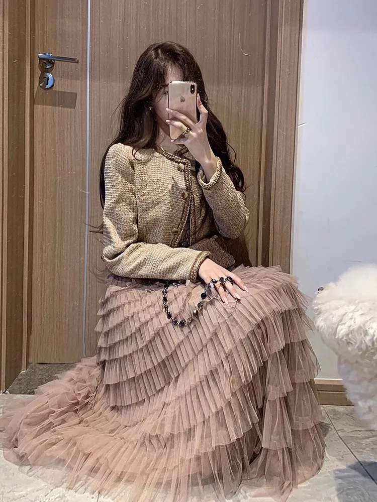 New Autumn Office Ladies Elegant Fashion Two Piece Set Tweed Short Jacket High Waist Lace Long Skirt Women Matching Set Outfit