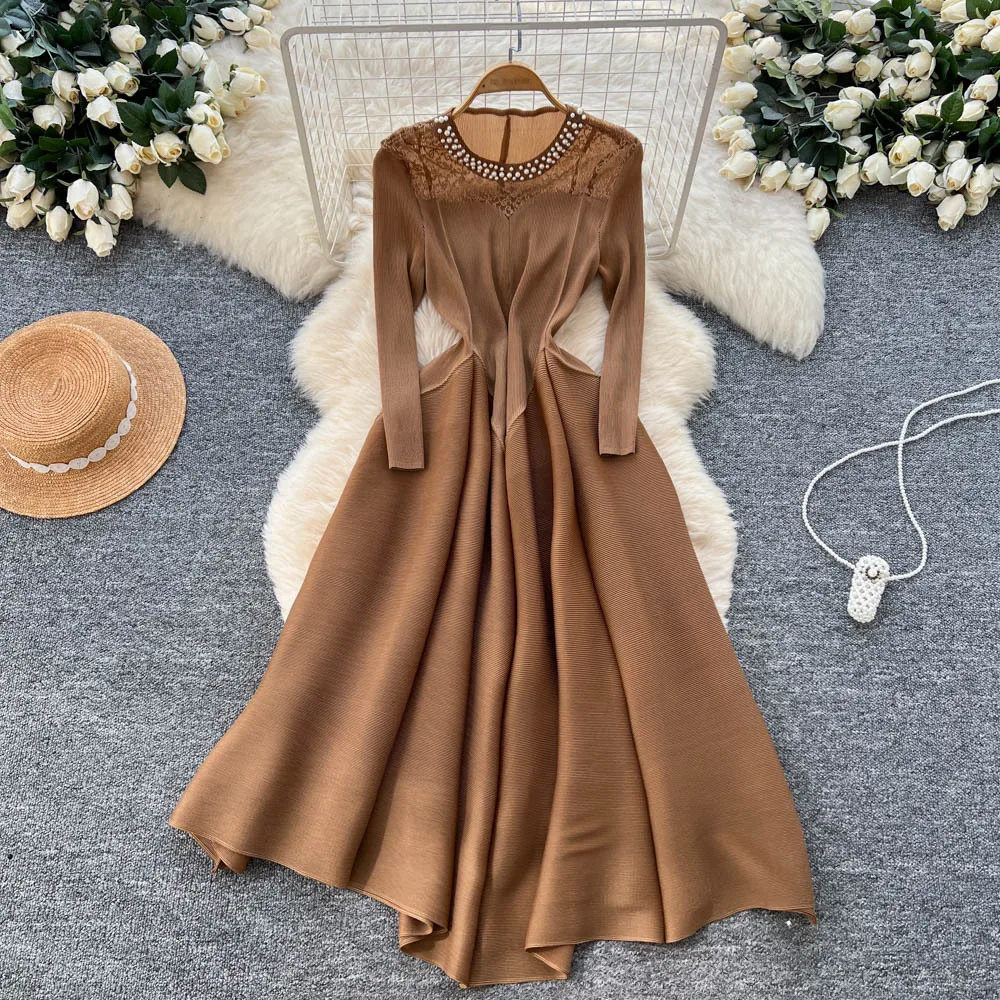 

Beaded Dresses Women Solid Dress Pleated Round Neck Long Sleeves Ankle Length Cinched Empire Waist Loose Fit Casual 2025 Autumn
