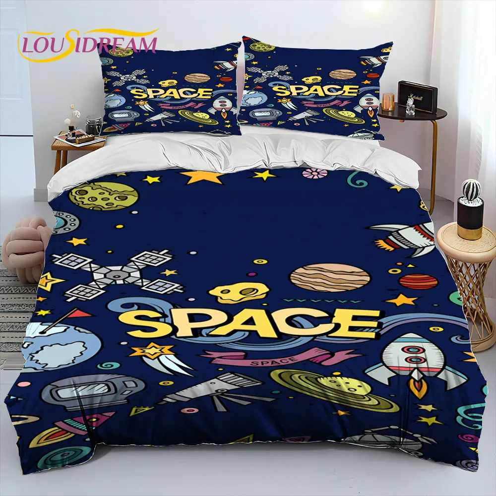 Astronaut Space Cartoon Comforter Bedding Set,Duvet Cover Bed Set Quilt Cover Pillowcase,King Queen Size Bedding Set for Child