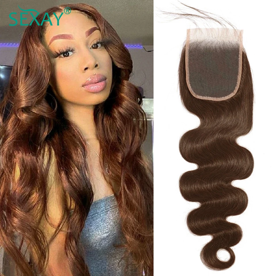 Color #4 Lace Closure Free Part 10-22 Inch 100% Brown Human Hair For Women 4x4 Swiss HD Transparent Lace Closure With Baby Hair