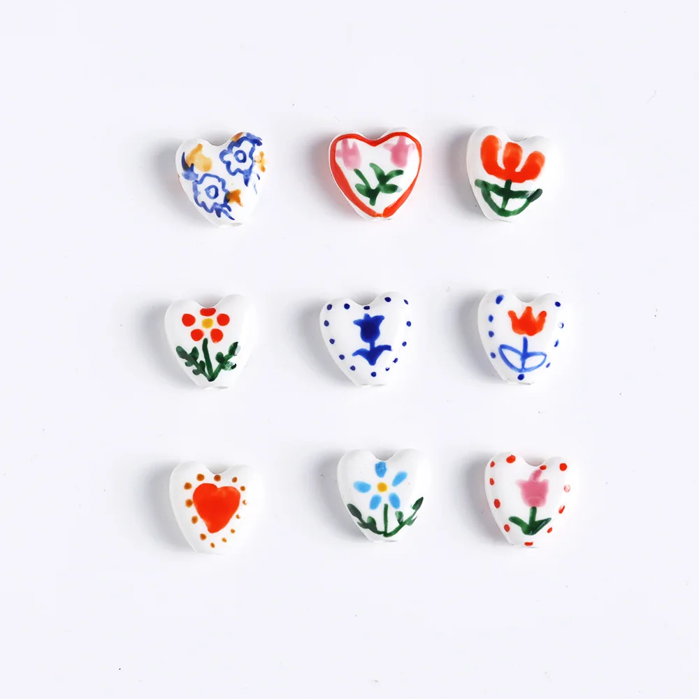 10pcs 15mm Heart Shape Ceramic Beads Loose Hand-Painted Flower Beads for DIY Jewelry Making Accessories DIY Necklace Bracelet