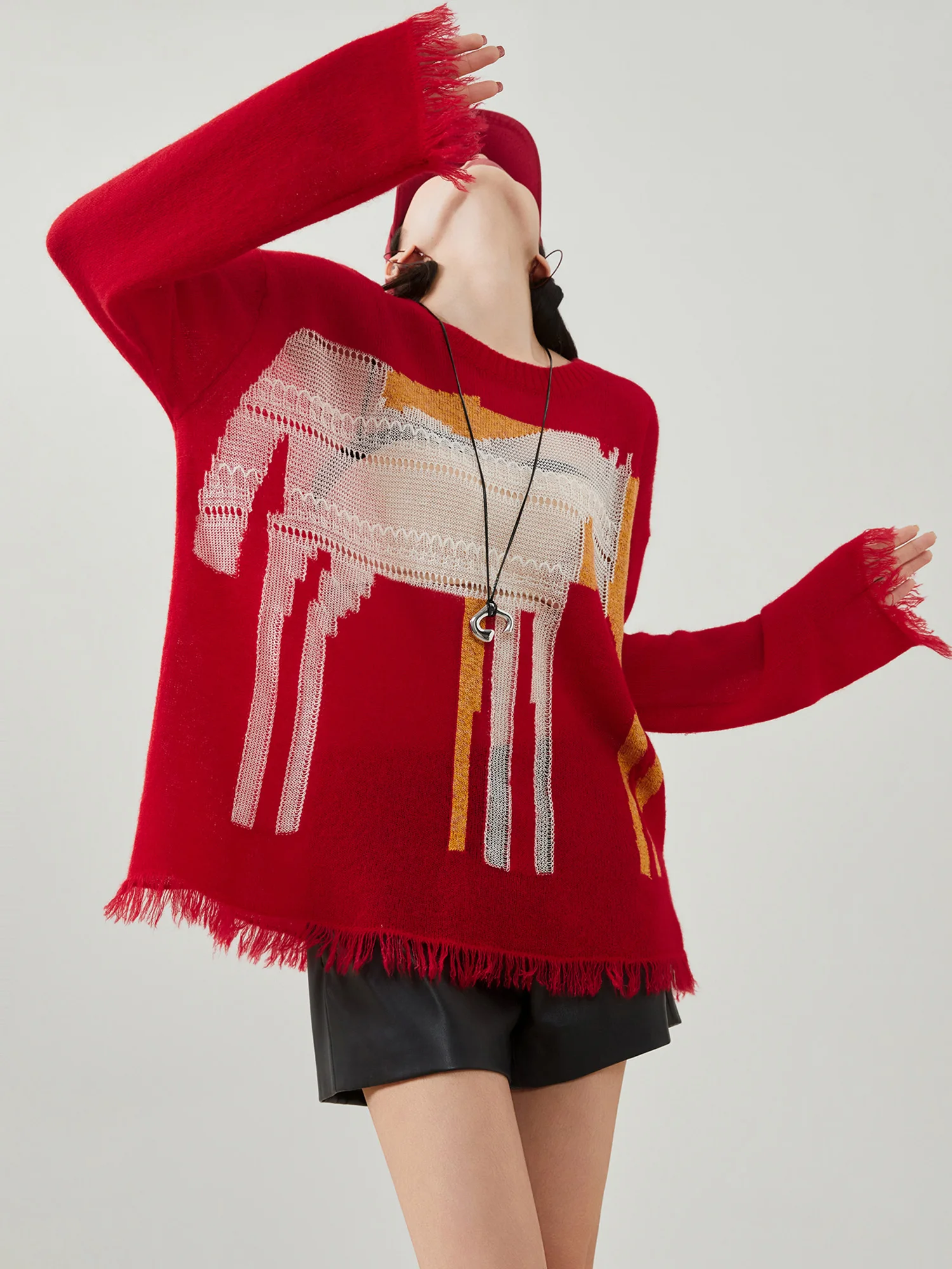 

Красный вязаный джемпер с вышивкой, круглым вырезом, свободного кроя, с длинными рукавами, женский, модный, в стиле Lazy Style, с цветными блоками и бахромой, новинка года