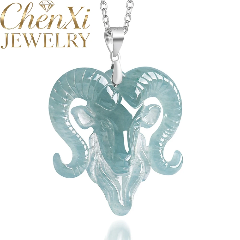 Genuine Natural Grade A Icy Jadeite Zodiac Sheep Pendant Hand Carved Necklace S925 Inlaid Fashion Unisex Daily Fine Jewelry Gift