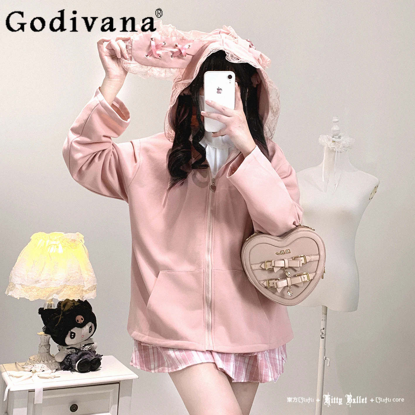 

Оригинальная японская милая Лолита, розовая куртка с капюшоном, весна-осень, новый женский свободный утягивающий повседневный кардиган на молнии, пальто