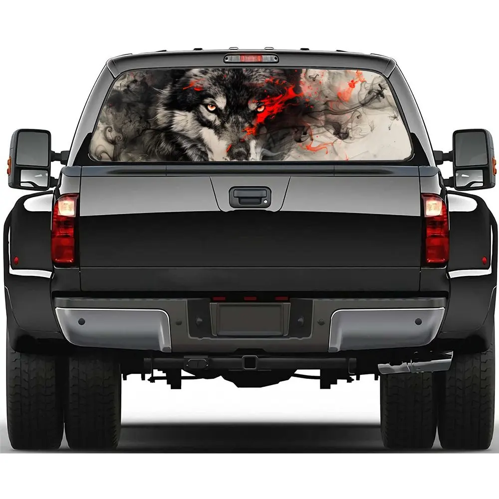 

Red Eyed Wolf with Blood Smoke Car Rear Windshield Sticker Truck Window See Through Perforated Back Window Vinyl Decal Decor