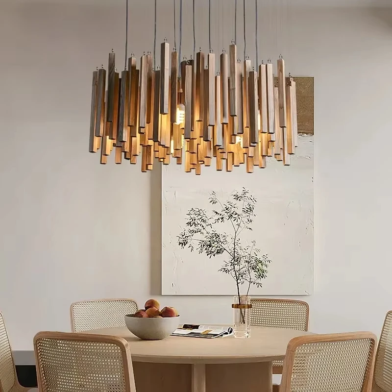 New Chinese Restaurant Chandelier Solid Wood Hanging Lamps E27 Retro Japanese Room Decor Lighting for Living Room Loft Lustres