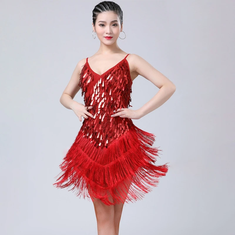 Latin Dance Dress Women Shining V Neck Stage Costumes1920s Gatsby Fringe Flapper Backless Dress Summer Mesh Sequin Dress