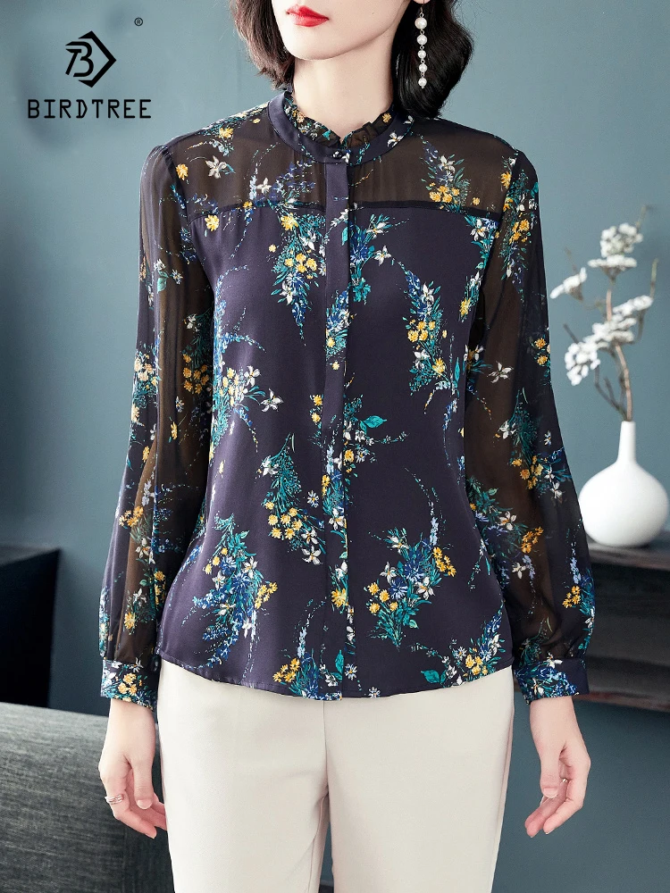 

BirdTree 91%Real Silk Elegant Shirt For Women, Long Sleeve O Neck, Vintage Printed OL Commute Blouse, 2024 Spring New T42288QC