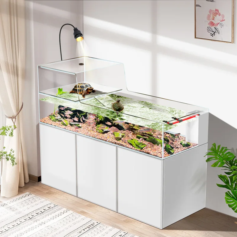 Turtle tank with drying table Ultra-white bottom filter Circulation water-free stream fish tank Household large glass amphibious