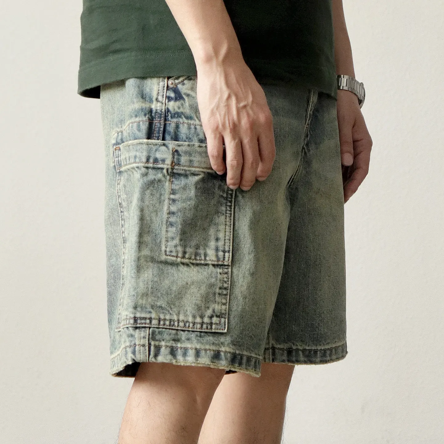 5161# 2026 Summer New American Retro Denim Cargo Shorts Men's Fashion 88% Cotton Washed Old Straight Casual Loose 5-point Pants
