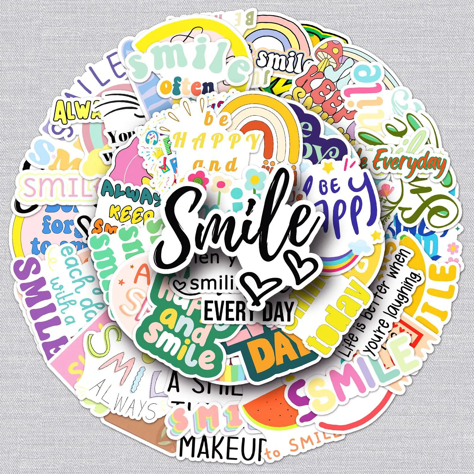

51pcs Smile Every Day Doodle Stickers, English Phrase Decals for Phone & Luggage, Unique Motivational Waterproof Stickers