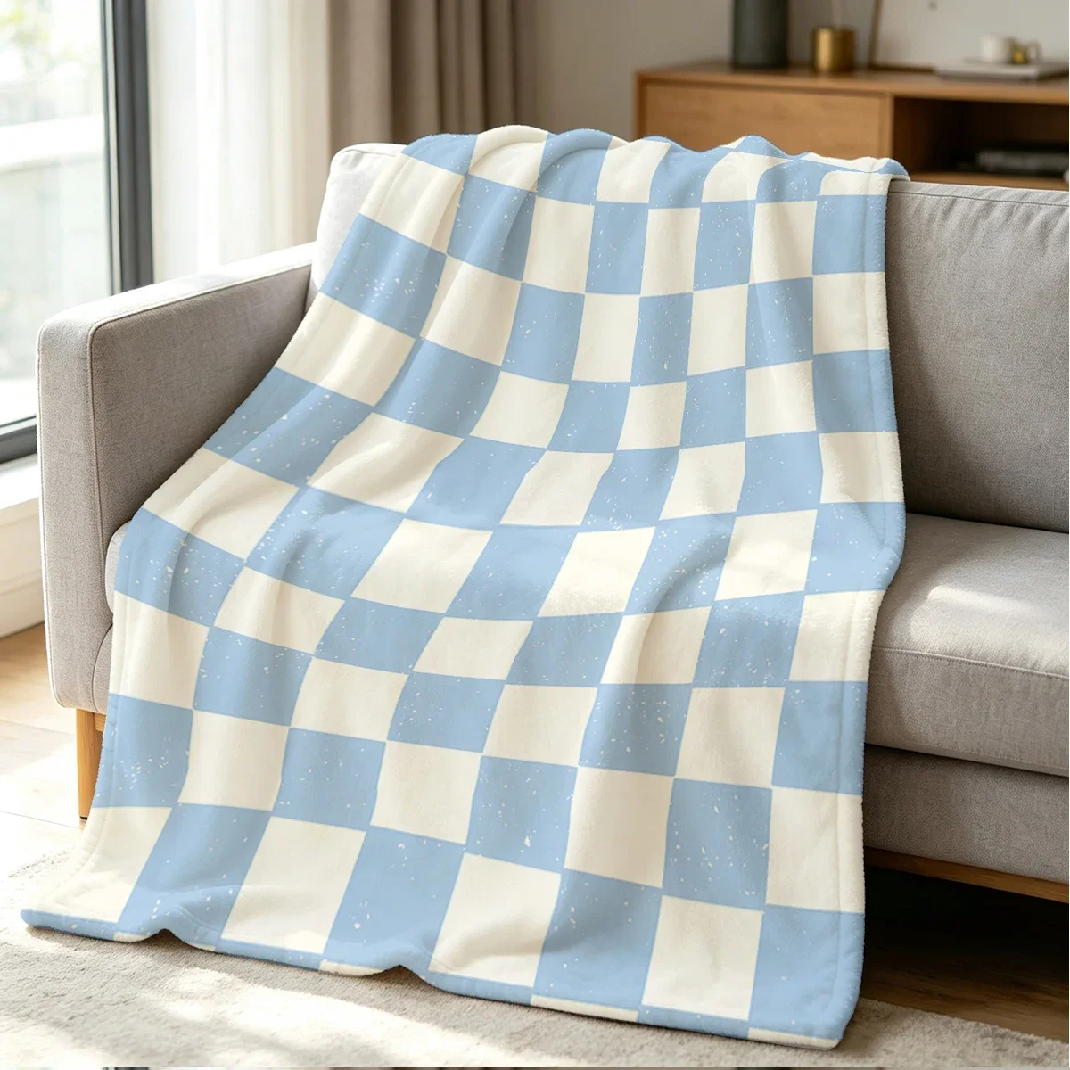 Chunky Blue and White Gingham Pattern Throw Blanket Cozy Sofa Bedding for Living Room Decor