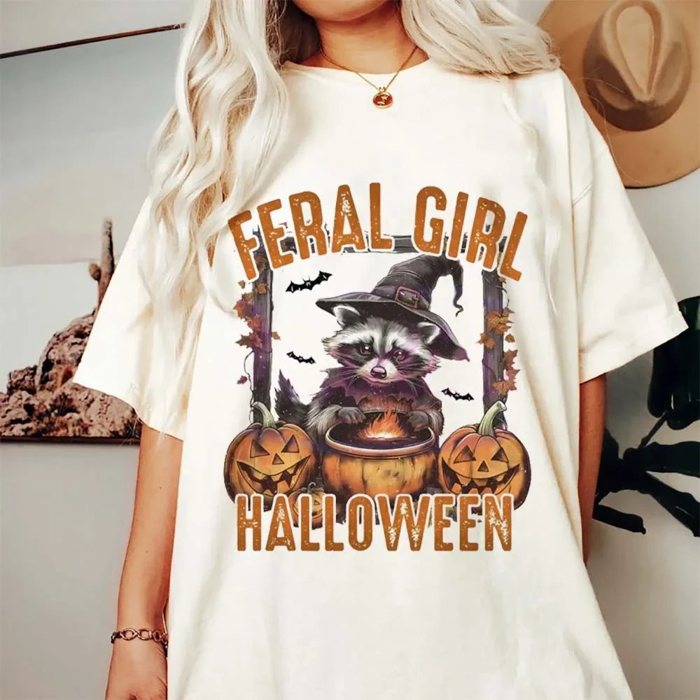 Retro Feral Girl Halloween Raccoon Witch Vibes Pattern Trendy Top Casual Style Fashionable Retro Summer O-Neck Basic T-Shirt