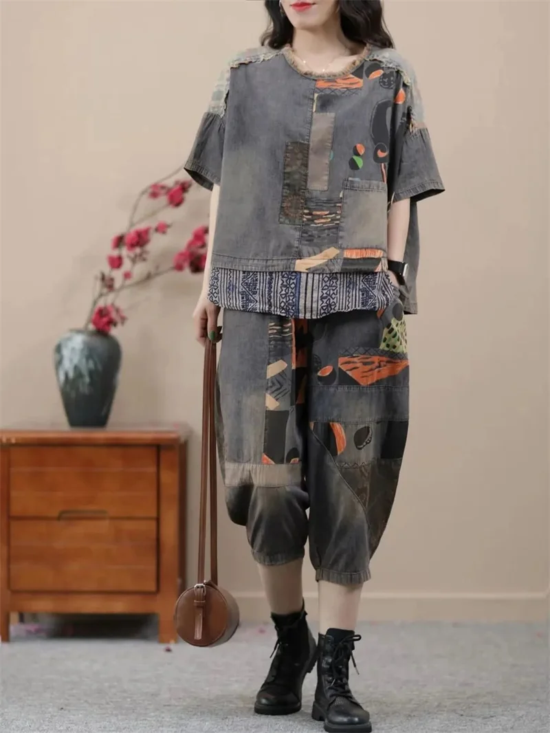 2024 Female Korean Ethnic Style Denim Harlan Pants Sets two-piece Women\'s Summer New Small Casual High-end Clothing Printing Set