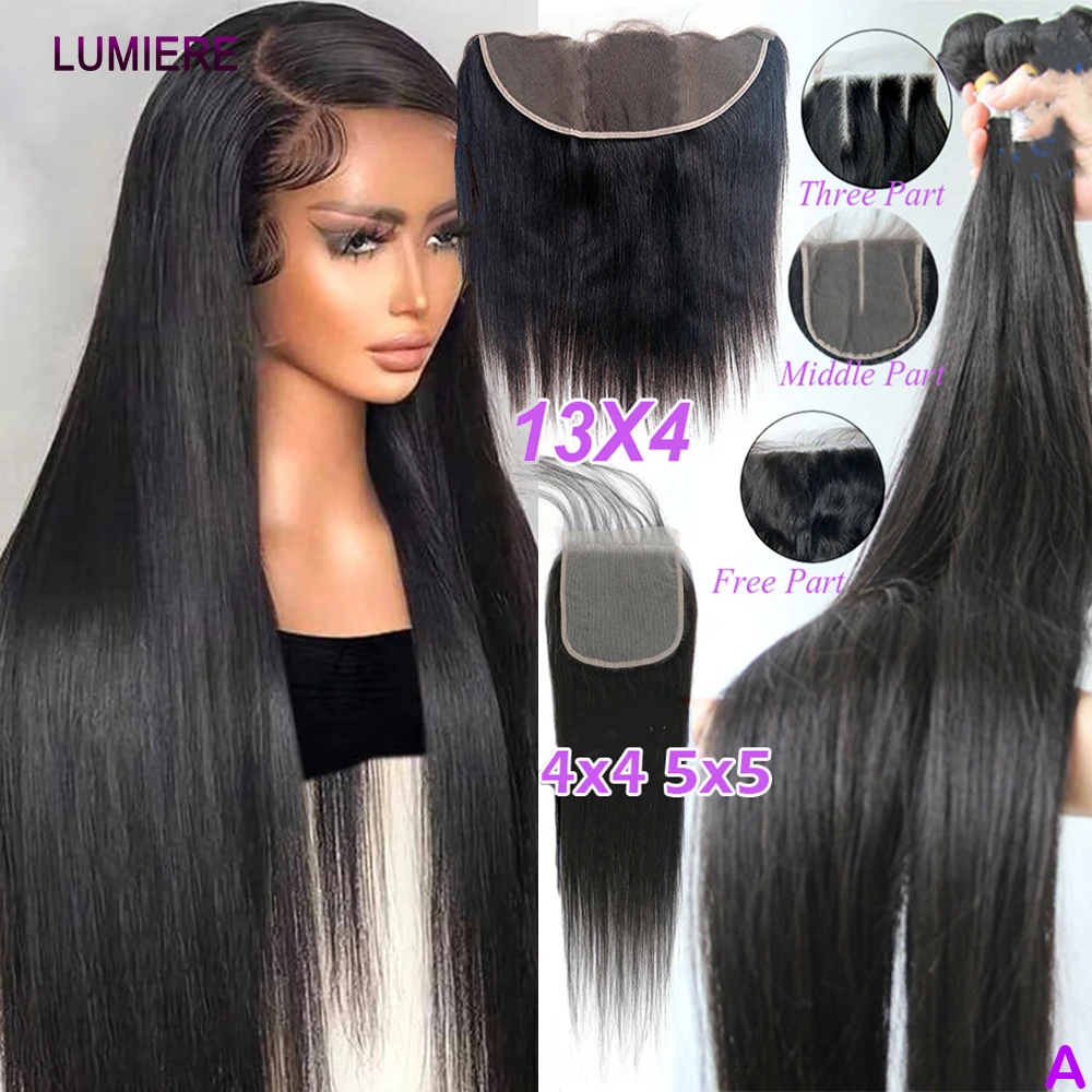 

Bone Straight Human Hair Bundles With Closure Frontal HD Transparent Virgin Raw Indian Hair Weave 3/4 Bundle Deal Hair Extension