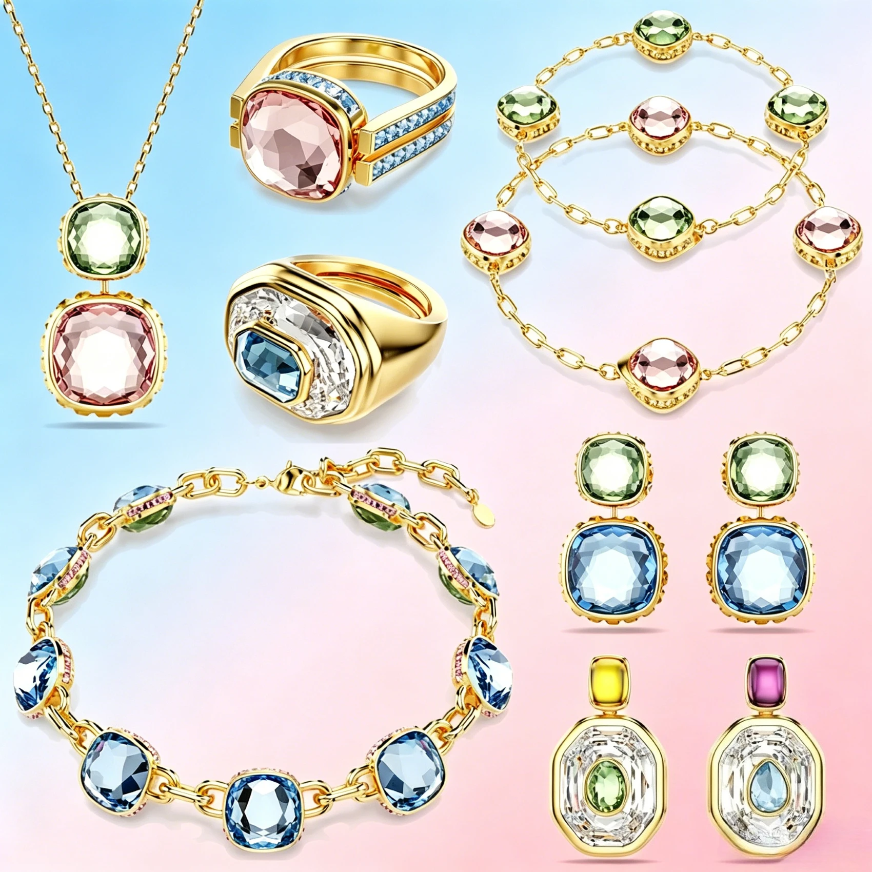 2026 New Trend Fine Party Jewelry Sets Charming Green Pink Blue Water Drop Crystal Luxury Necklaces Earrings Ring Gift for Women