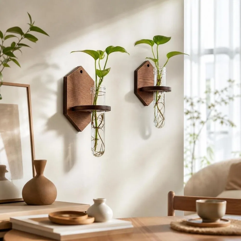 Decorative Wooden Hydroponic Planter Shelf Vase Retro Wall Mounted Planter Hexagon Shape Geometric Flower Pot Kitchen
