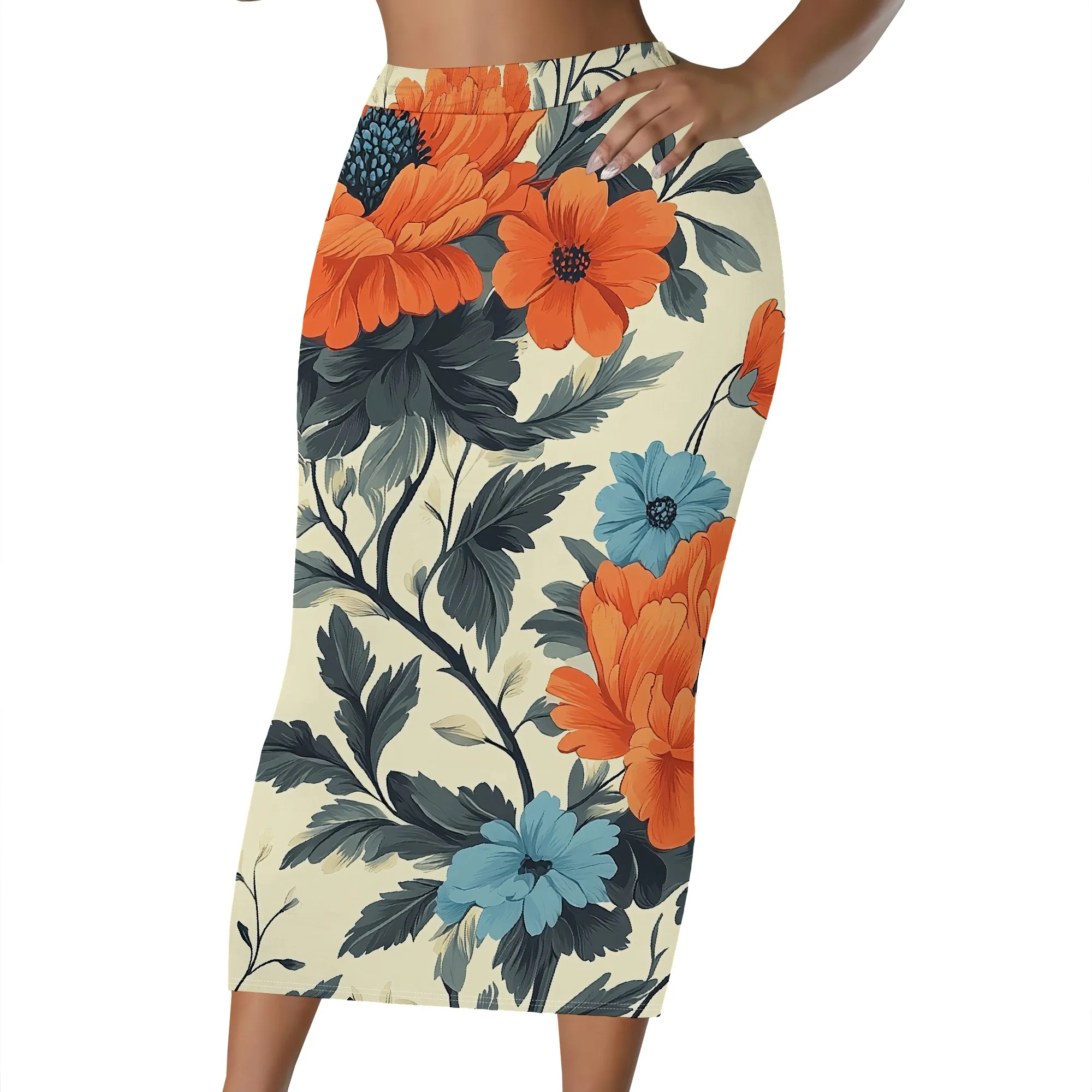 Blumenmuster Bleistiftrock, Orange-Blauer Midi-Rock, Hochtaillierter Bodycon-Rock, Elegante Bürokleidung, S-2XL – Detail 1