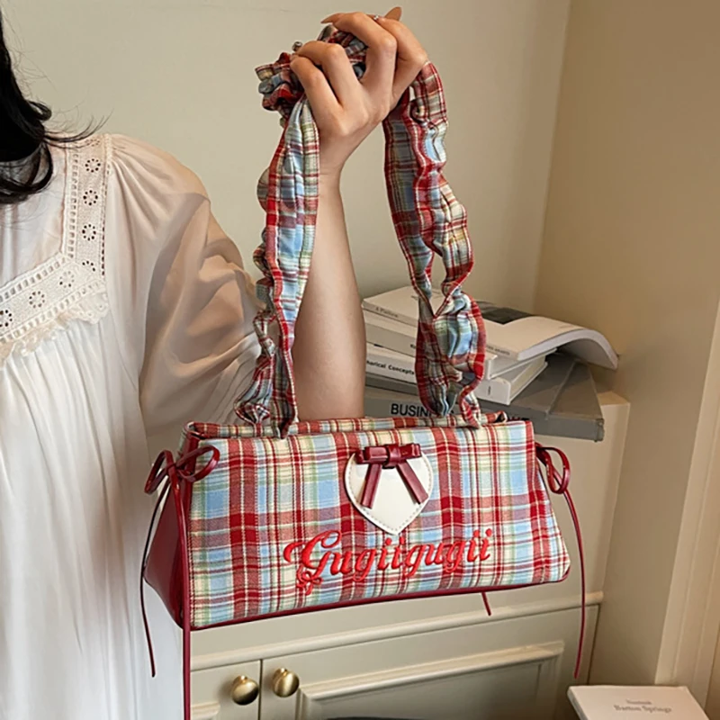 

HAEX Fashion Designer Women Handbags 2025 Aesthetic Plaid Bow Ladies Underarm Shoulder Bags Dopamine Wrinkled Strap Bolso Mujer