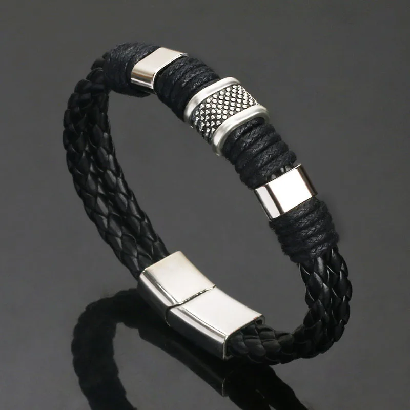 Vintage Genuine Leather Bracelet for Men Handmade Woven Bracelet Magnetic Clasp Wrap Bracelet Homme Hand Jewelry Accessories New