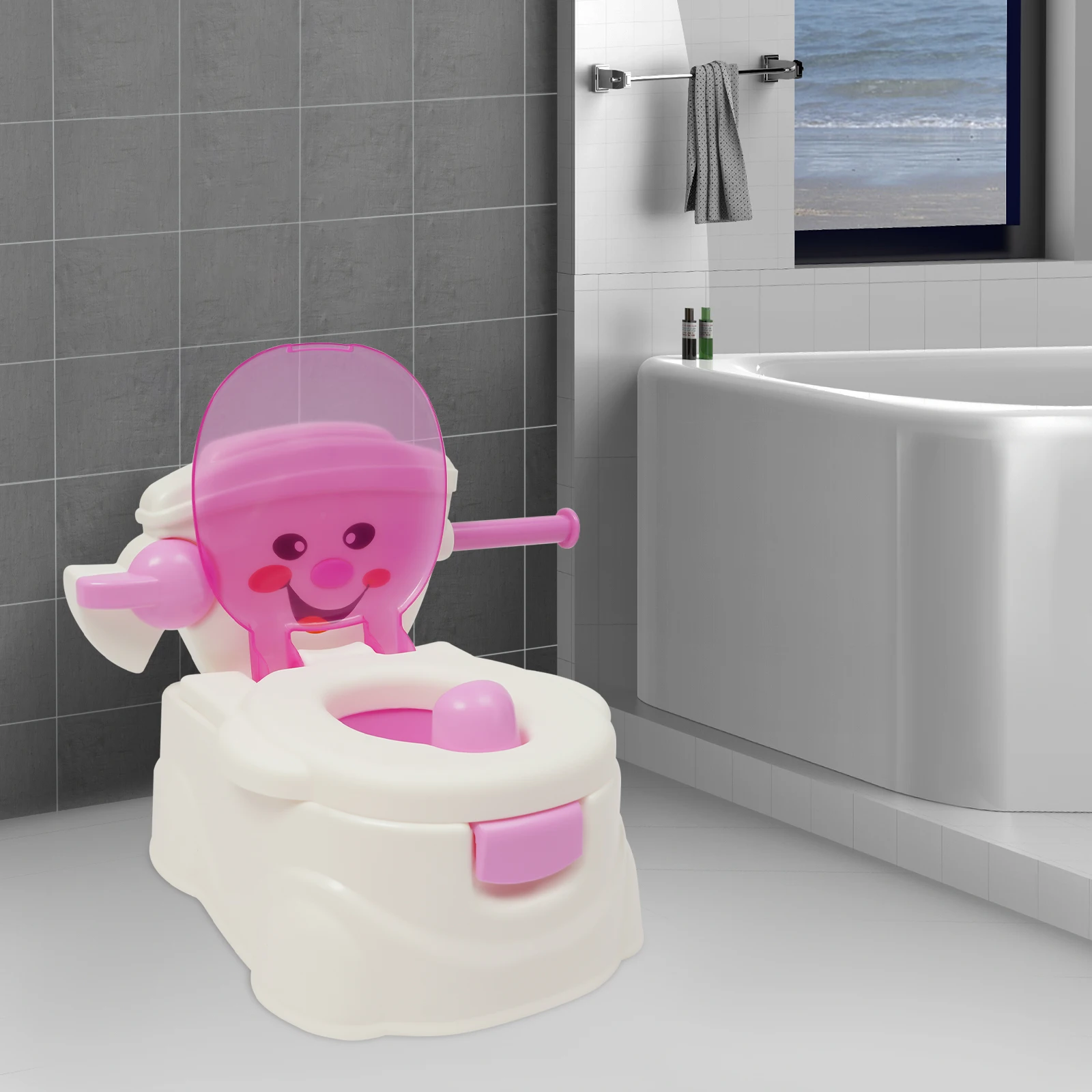 Tragbare Toilette für Kinder, tragbare Toilette, blau/rosa, tragbare Toilette, Töpfchentraining, Toilette für Mädchen und Jungen, Töpfchenstuhl, Toilettensitz – Detail 9