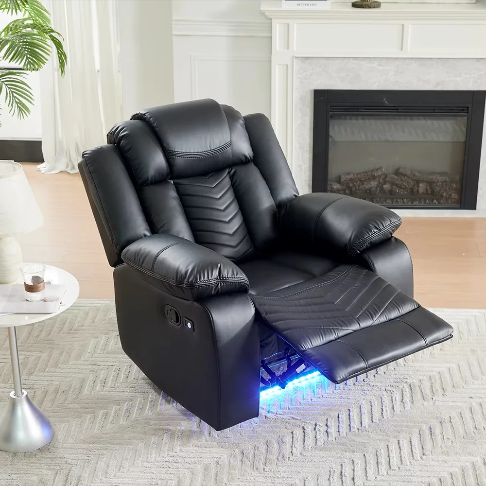 Многофункциональный интерьер гостиной, кинотеатр, моторизованный диван, секционное одноместное театральное кресло, черное кожаное электрическое кресло