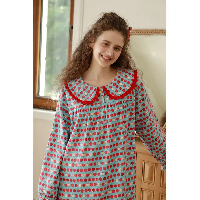 فستان نوم نسائي 100% من القطن المصقول بأكمام طويلة وياقة الدمية الحلوة قمصان نوم مطبوعة تصميم فضفاض ملابس نوم متوسطة الطول