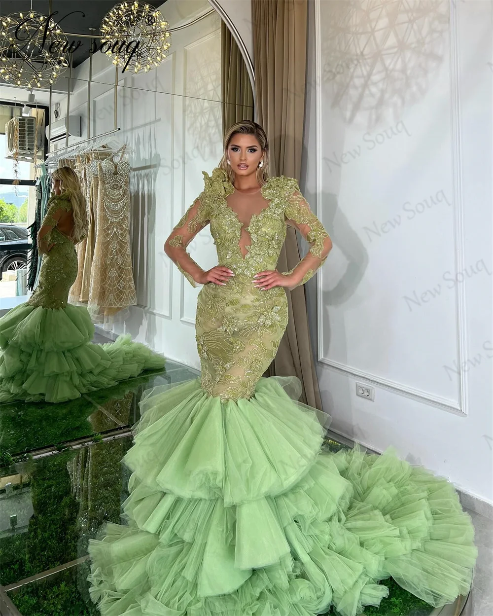 Mangas compridas vestidos de noite femininos, Oriente Médio sereia beading apliques, vestido de cerimônia verde para festa, vestido árabe para baile de festa