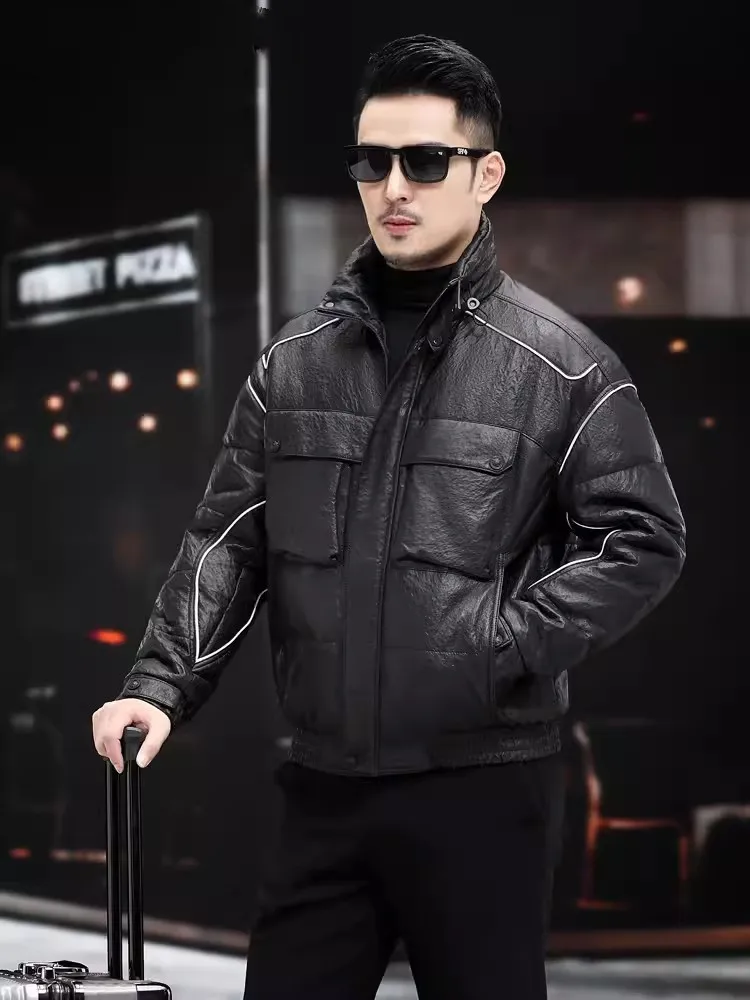 Mens Winter Thick Warm Cowskin Genuine Leather Down Coat Stand Collar Windproof High Street Casual Black Short Coat Size M-5XL