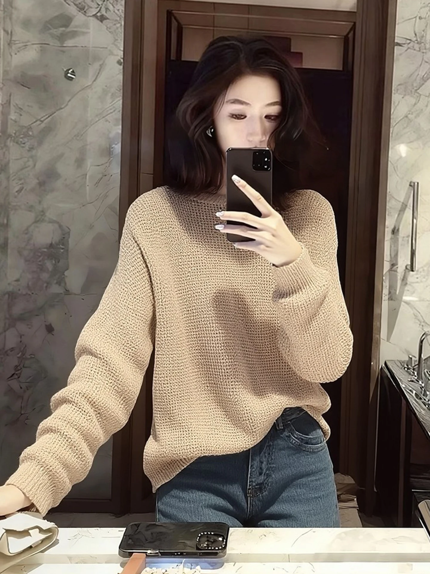 

Женский вязаный свитер свободного кроя в корейском стиле, модный, весенний, с длинными рукавами, круглым вырезом, для повседневной носки