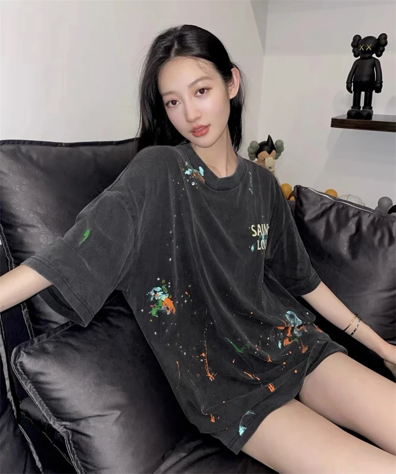 SSSAINT LOUIS Black Speckle Print with Diamonds High Street Casual Loose T-shirt Vintage Oversize Pure Cotton Short Sleeves