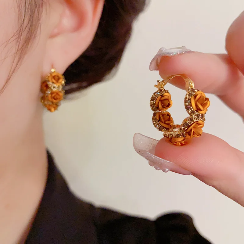 1Pair Exquisite Brown Flower Inlaid Zircon Earrings For Women Daily Accessories Party Jewelry Birthday Anniversary Gifts