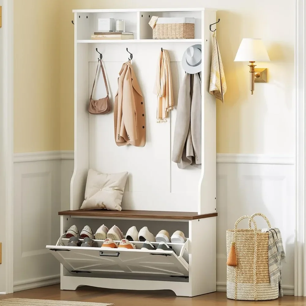 

Hall Tree with Bench, Entryway Bench with Coat Rack and Shoe Cabinet, Flip Drawers, Farmhouse Hall Tree with Shoe Organiz