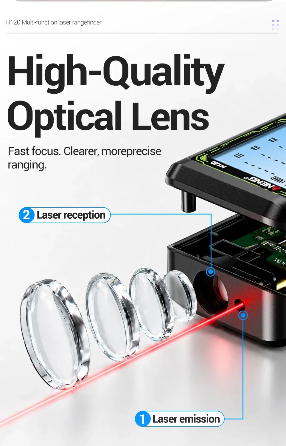 ANENG H120 Digitaler Laser-Entfernungsmesser Hohe Präzision ±3mm Tragbarer Mini-Laser-Messgerät 0,05m~120m Fläche/Volumen Multifunktions-Tester – Detail 11