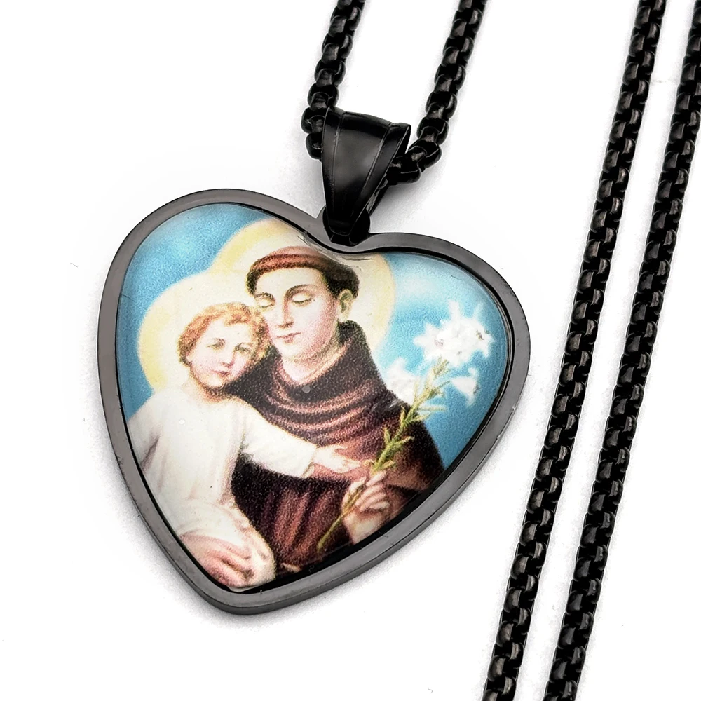Catholic Saint Anthony of Padua Hold Christ Child Lily Heart Pendant Necklace Stainless Steel Gold Plated Amulet Chain Jewelry view 5