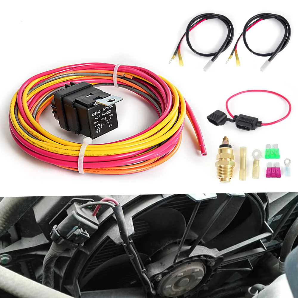 Dual Electric Cooling Fan Relay Wiring Harness Kit 185°F On 165°F Off 40A 12V Radiator Thermostat Switch