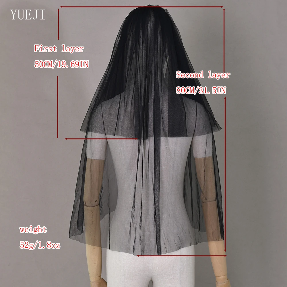 YUEJI คุณภาพสูงสีดําเส้นด้ายงานแต่งงาน Veil Double Layer สั้นปลายนิ้วความยาว Veils สําหรับ Bachelorette Party YJ215