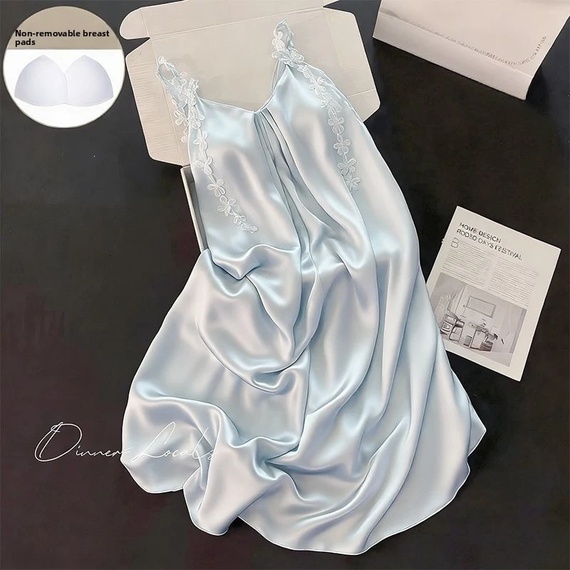 Sexy Summer Nightgown, Thin Style With Chest Pads, Mid-Length, Blue, Cool To The Touch, Strap Butterfly Dress Home Wear