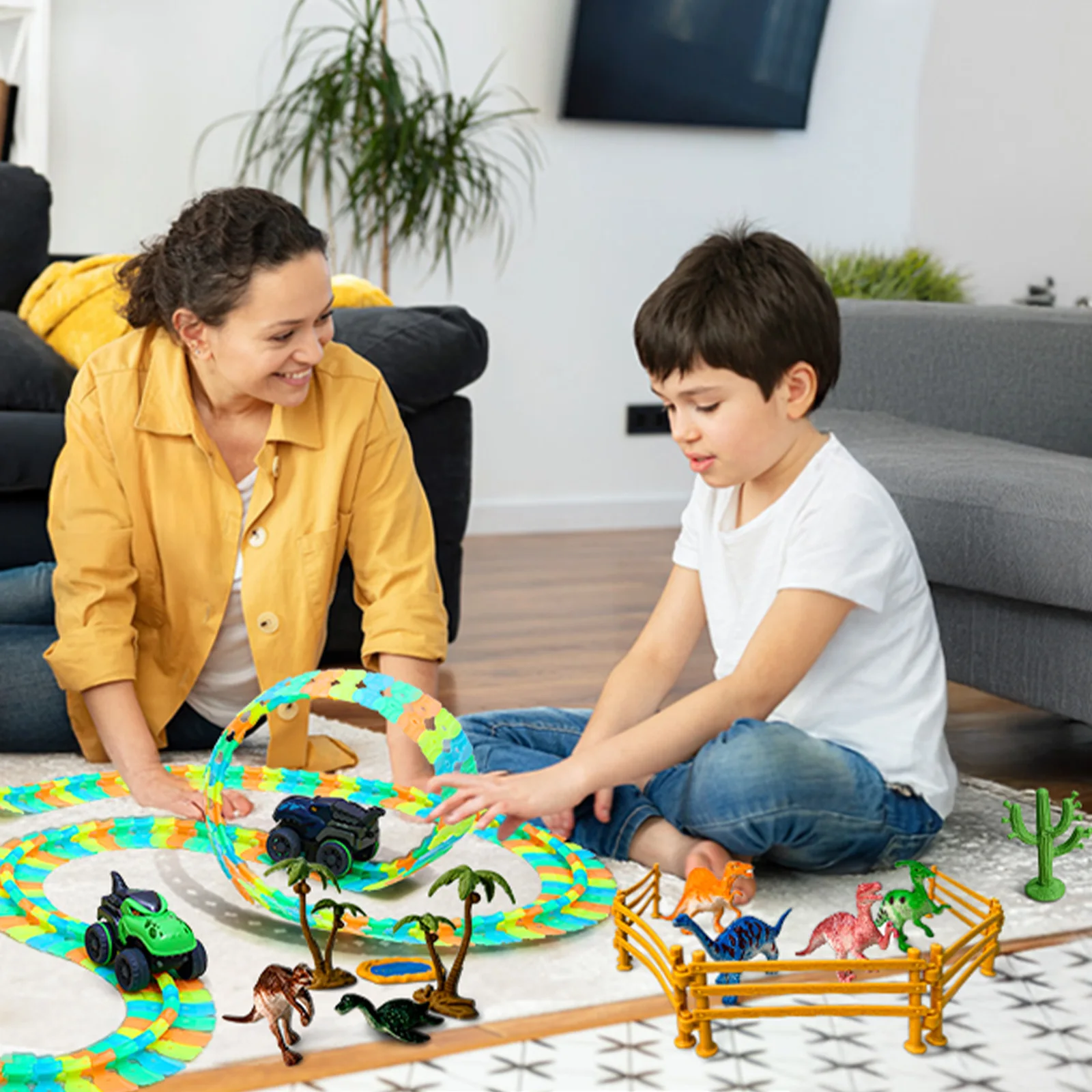 178PCS ฉากไดโนเสาร์ Luminous Track Car