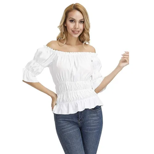 Imagen 2 del producto Blusa Vintage renacentista campesina para mujer, camisa con mangas y hombros descubiertos, disfraz de pirata Medieval bohemio Steampunk, Top con corsé