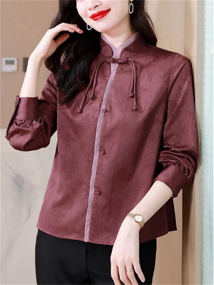 National Style Blouses Women Shirt Luxury Texture Top Satin Jacquard Standing Collar Blous Retro Button Up Shirt Chinese Blouses