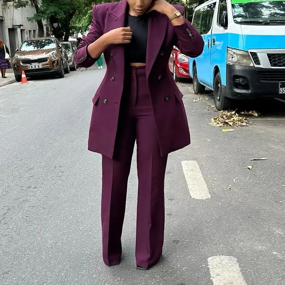 High Quality Women Suits Double Breasted Straight Formal 2 Piece Jacket Pants Peak Lapel High Street Daily Office Casual Suit