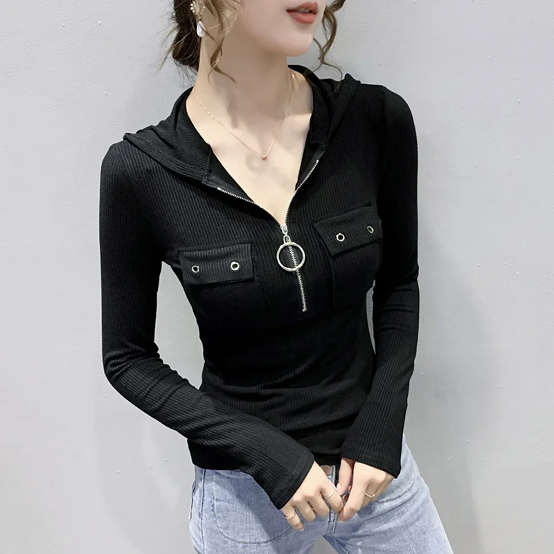 #7914 Black Grey Long Sleeve Hooded T Shirt For Women Zipper Sexy Streetwear Short T Shirt Female Pockets Stretch Cotton Slim