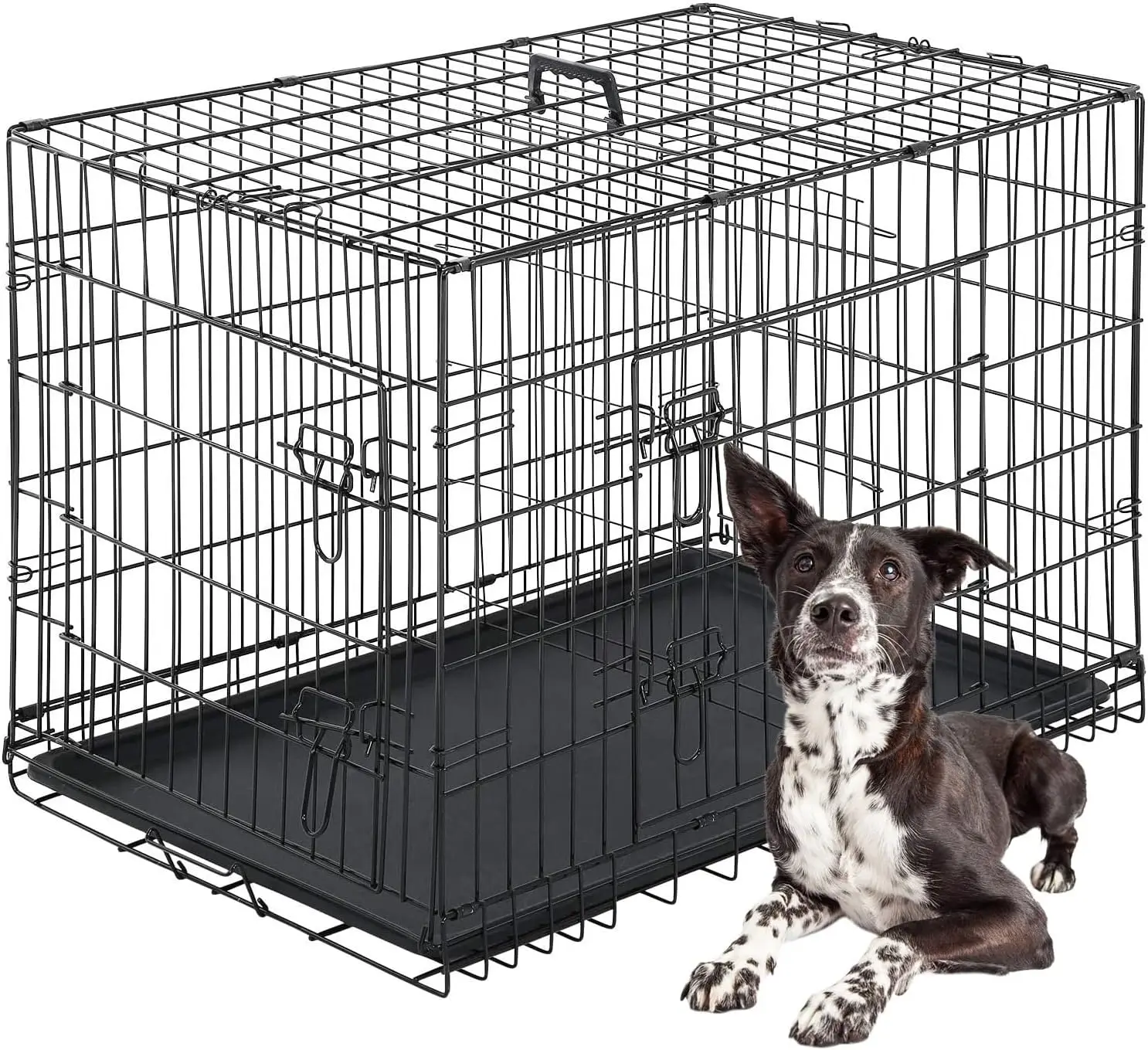 

42 Inch Folding Metal Dog Crate with Double Doors, Divider Panel, and Leak-Proof Tray for Large Dogs Indoor Outdoor Use