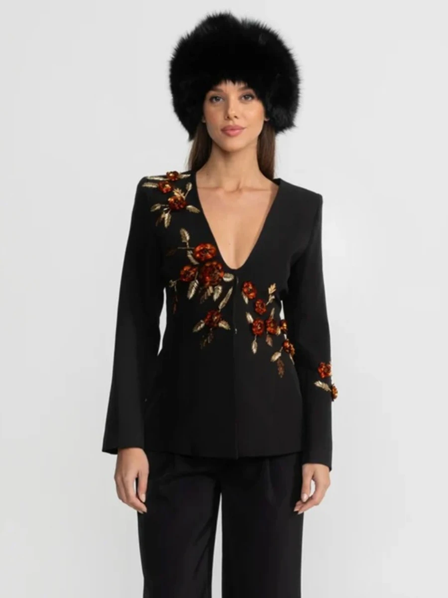 TWOTWINSTYLE Solid Slimming Spliced Beading Elegant Blazers for Women U Neck Long Sleeve Tunic Patchwork 3D Flower Blazer Female